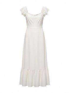 Reformation Ivory Midi Dress Puff Sleeve Ruffle Hem Size 8